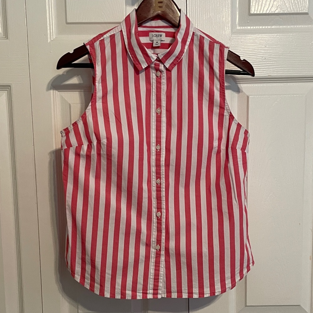 J. Crew Factory Sleeveless Pink and White Striped Button Down Top